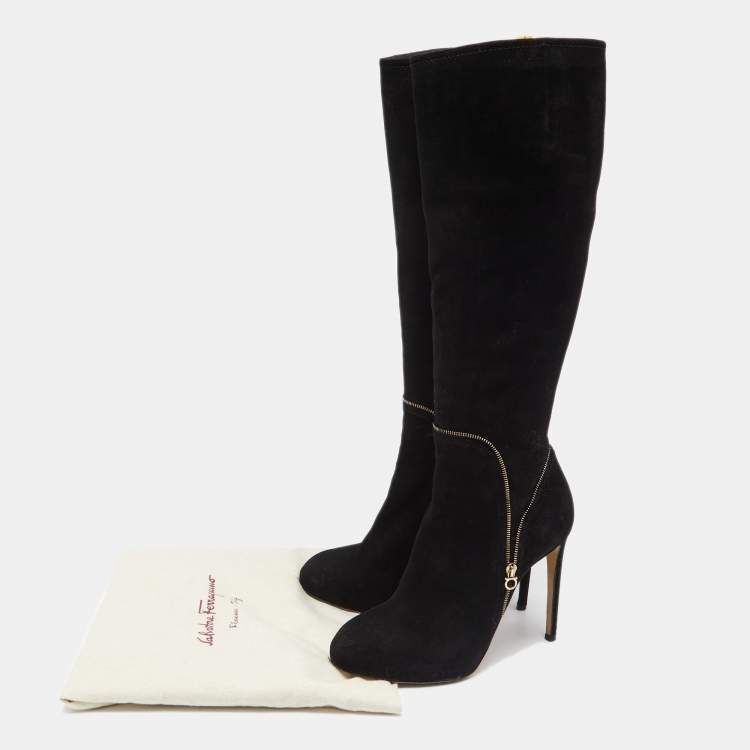 Pre Owned Salvatore Ferragamo Black Suede Zip Detail Knee Length Boots Size 39.5