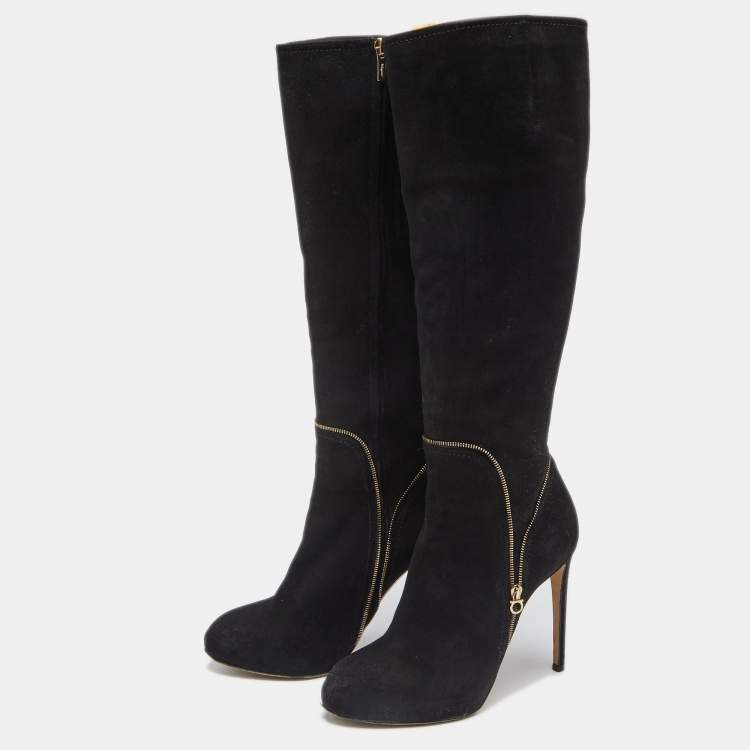 Pre Owned Salvatore Ferragamo Black Suede Zip Detail Knee Length Boots Size 39.5