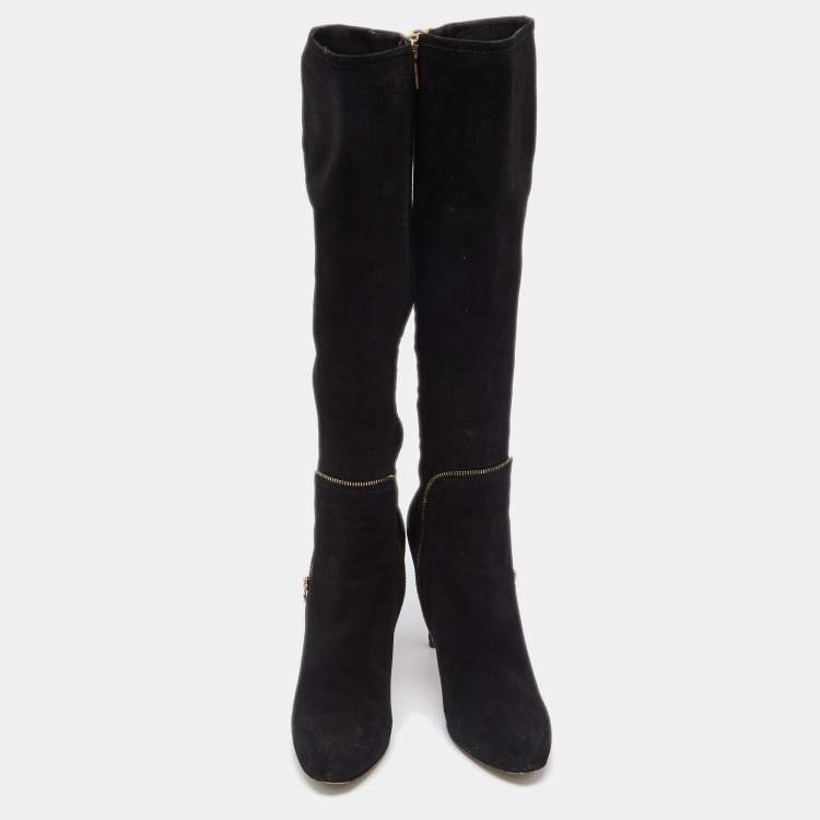 Pre Owned Salvatore Ferragamo Black Suede Zip Detail Knee Length Boots Size 39.5
