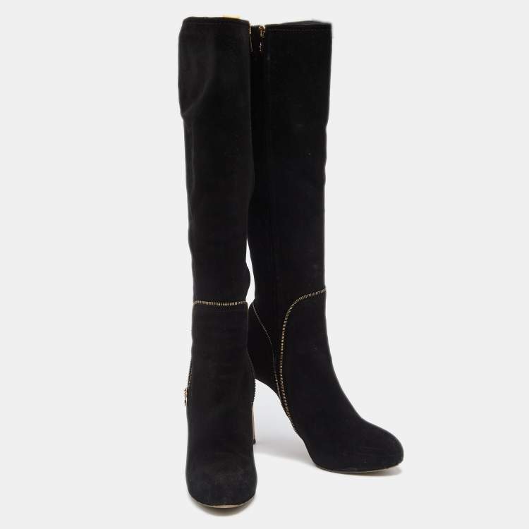 Pre Owned Salvatore Ferragamo Black Suede Zip Detail Knee Length Boots Size 39.5