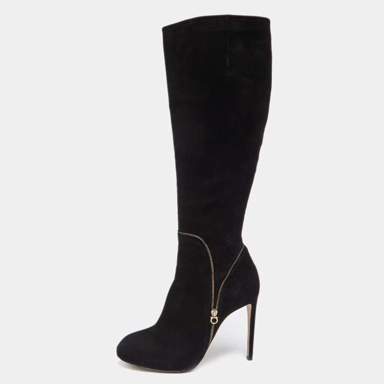 Pre Owned Salvatore Ferragamo Black Suede Zip Detail Knee Length Boots Size 39.5