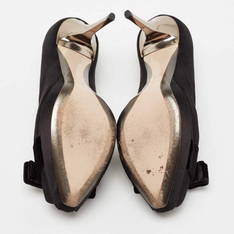 Pre Owned Salvatore Ferragamo Black Satin and Velvet Vara Bow Peep-Toe Pumps Size 37.5