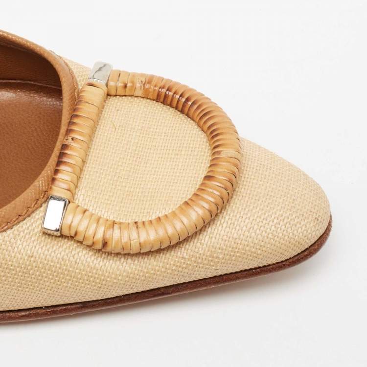 Pre Owned Salvatore Ferragamo Beige/Brown Woven Canvas And Leather Pumps Size 37.5