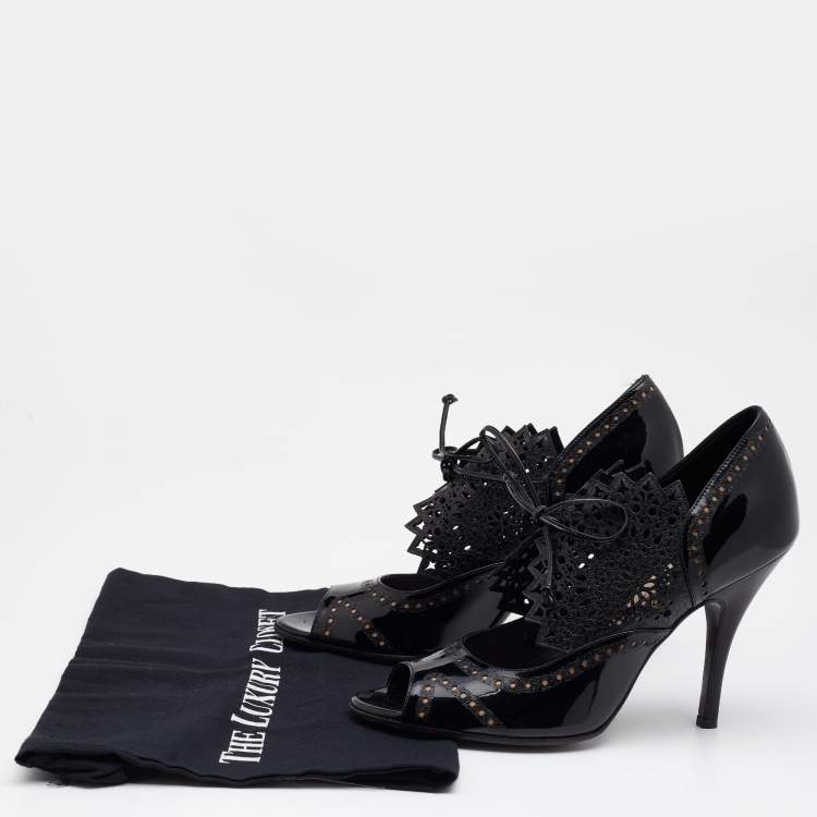 Pre Owned Salvatore Ferragamo Black Laser Cut Patent And Leather Peep Toe Booties Size 38.5