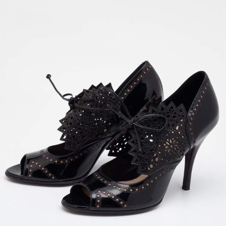 Pre Owned Salvatore Ferragamo Black Laser Cut Patent And Leather Peep Toe Booties Size 38.5