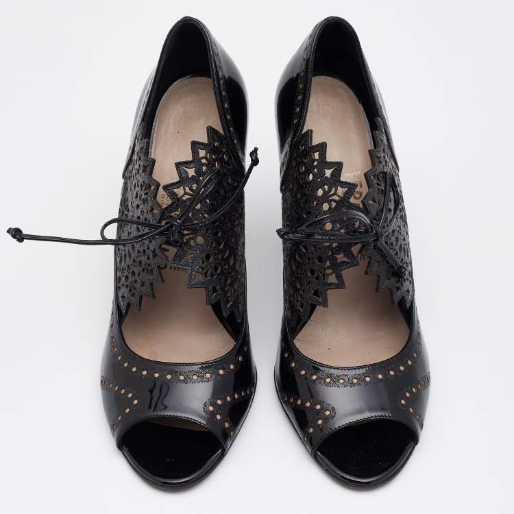 Pre Owned Salvatore Ferragamo Black Laser Cut Patent And Leather Peep Toe Booties Size 38.5
