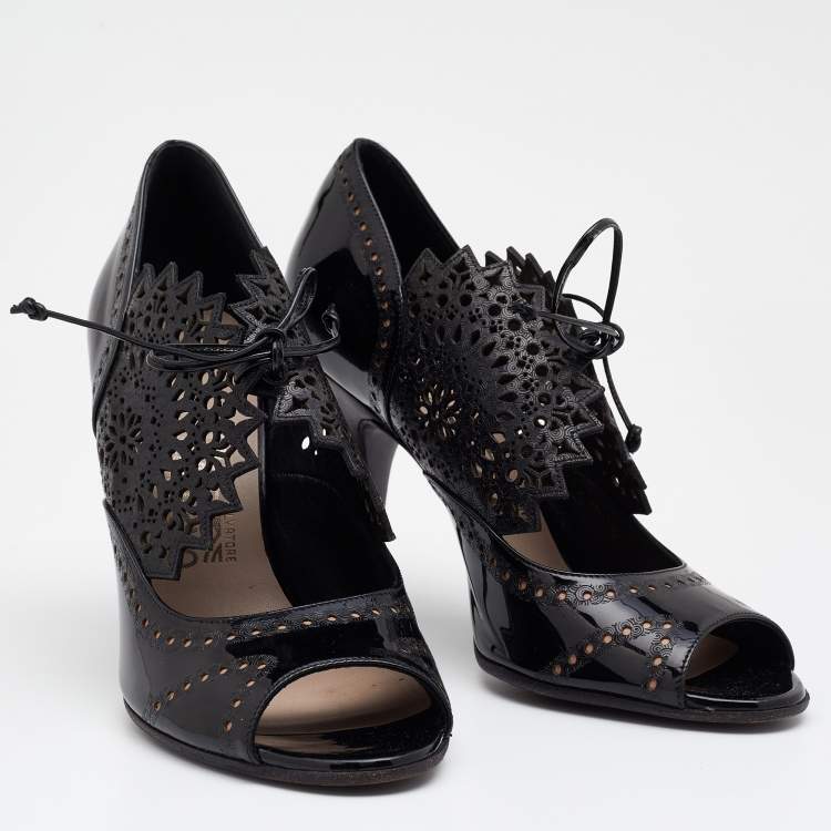 Pre Owned Salvatore Ferragamo Black Laser Cut Patent And Leather Peep Toe Booties Size 38.5