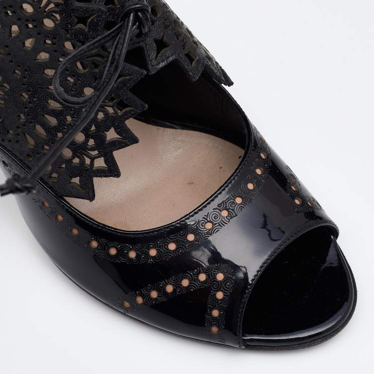 Pre Owned Salvatore Ferragamo Black Laser Cut Patent And Leather Peep Toe Booties Size 38.5
