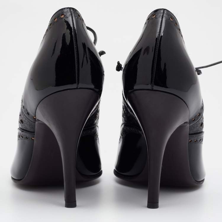 Pre Owned Salvatore Ferragamo Black Laser Cut Patent And Leather Peep Toe Booties Size 38.5