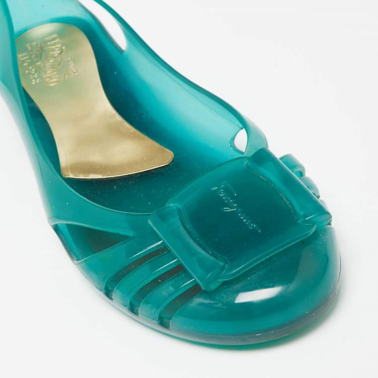 Pre Owned Salvatore Ferragamo Green Rubber Ballet Flats Size 37.5