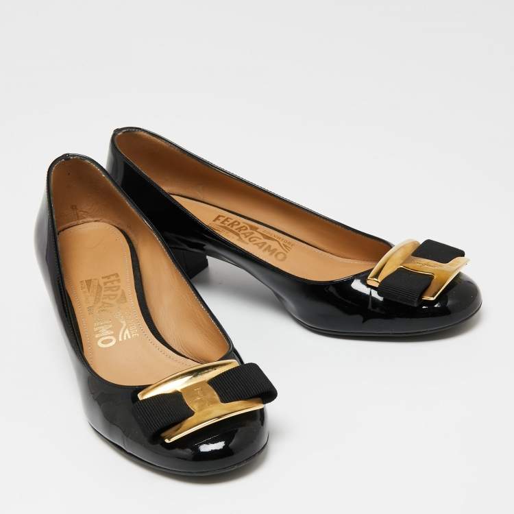 Pre Owned Salvatore Ferragamo Black Patent Leather Ninna Block Heel Pumps Size 36
