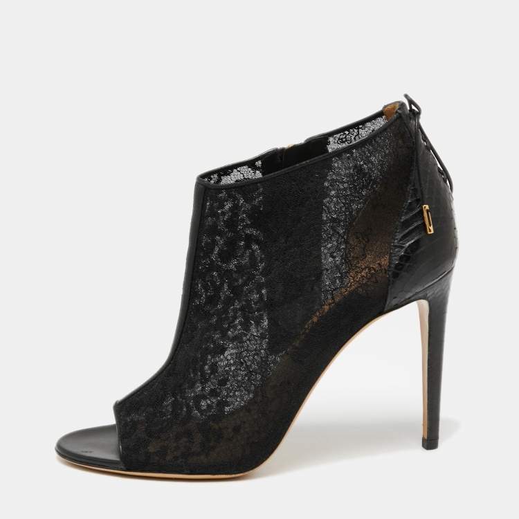 Pre Owned Salvatore Ferragamo Black Lace and Python Leather Nufus Open Toe Ankle Booties Size 40.5 