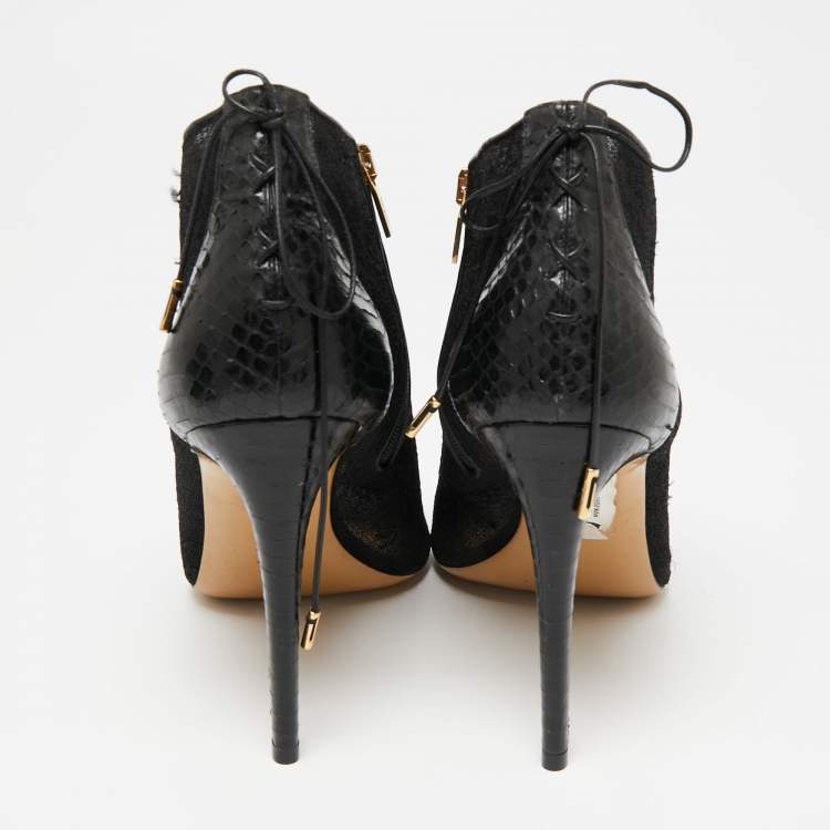 Pre Owned Salvatore Ferragamo Black Lace and Python Leather Nufus Open Toe Ankle Booties Size 40.5 
