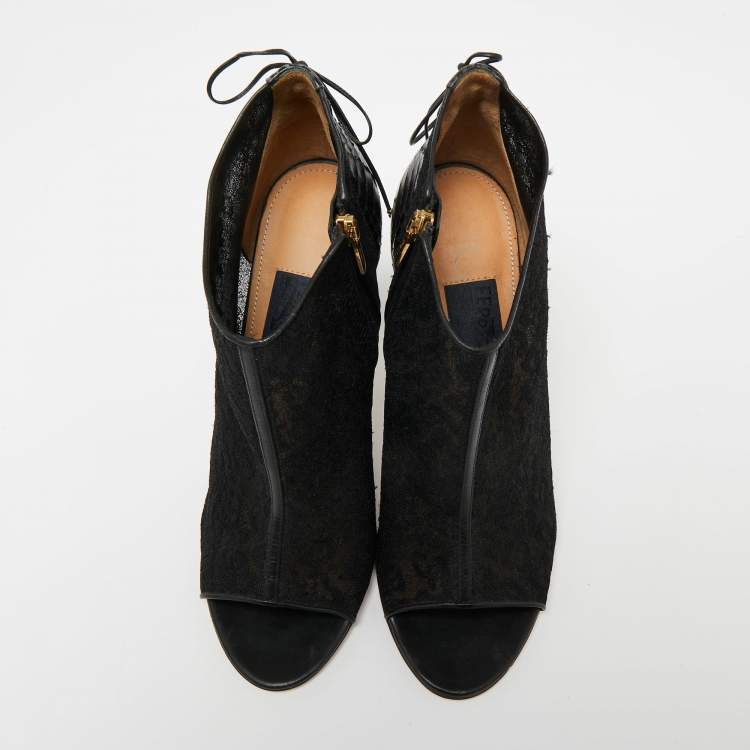 Pre Owned Salvatore Ferragamo Black Lace and Python Leather Nufus Open Toe Ankle Booties Size 40.5 