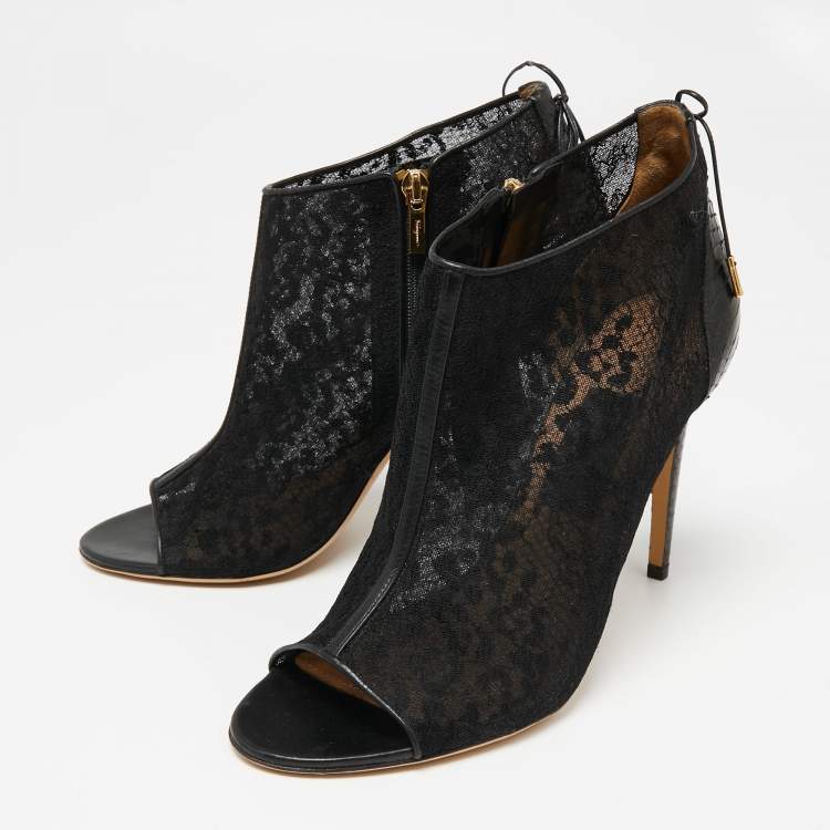 Pre Owned Salvatore Ferragamo Black Lace and Python Leather Nufus Open Toe Ankle Booties Size 40.5 