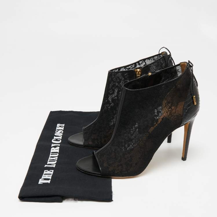 Pre Owned Salvatore Ferragamo Black Lace and Python Leather Nufus Open Toe Ankle Booties Size 40.5 