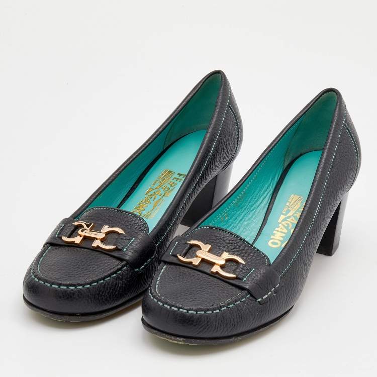 Pre Owned Salvatore Ferragamo Black Leather Loafer Pumps Size 39.5
