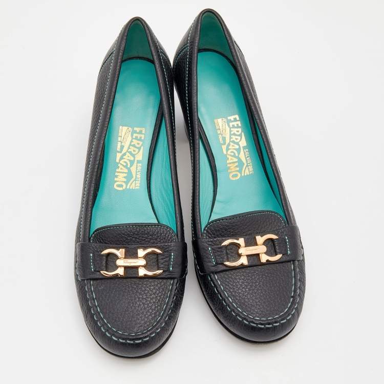 Pre Owned Salvatore Ferragamo Black Leather Loafer Pumps Size 39.5