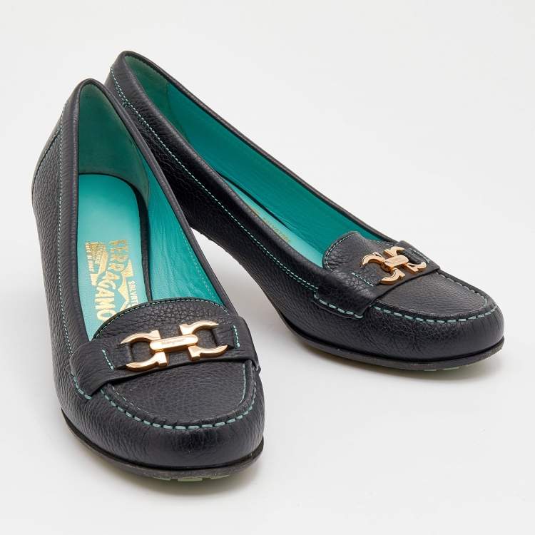 Pre Owned Salvatore Ferragamo Black Leather Loafer Pumps Size 39.5