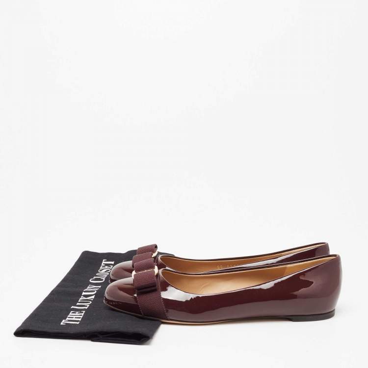 Pre Owned Salvatore Ferragamo Burgundy Patent Leather Vara Bow Ballet Flats Size 38.5