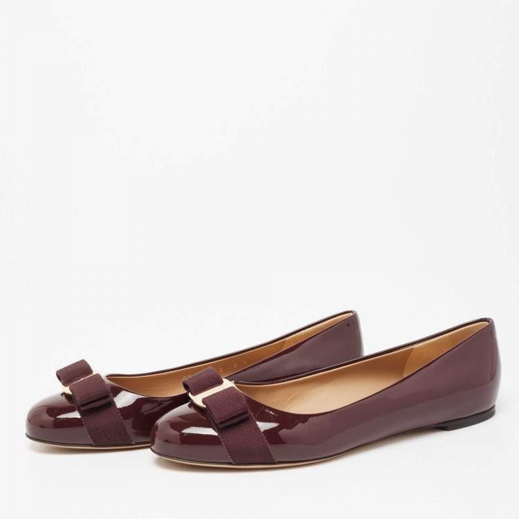 Pre Owned Salvatore Ferragamo Burgundy Patent Leather Vara Bow Ballet Flats Size 38.5