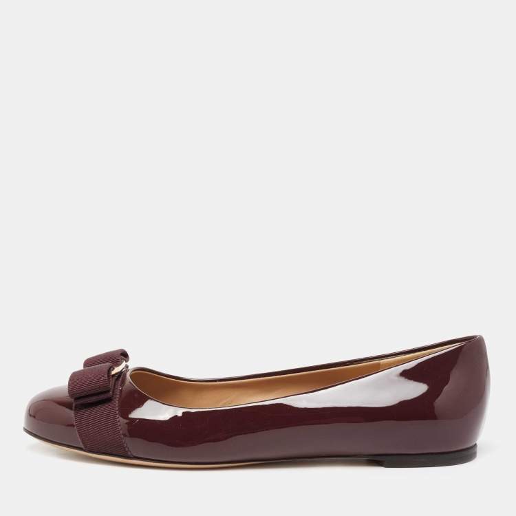 Pre Owned Salvatore Ferragamo Burgundy Patent Leather Vara Bow Ballet Flats Size 38.5