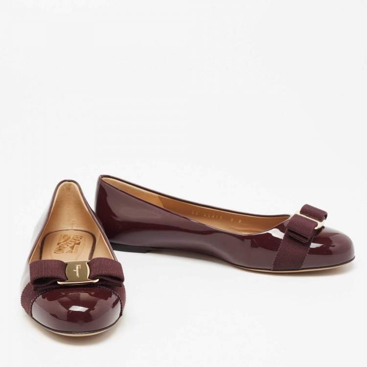 Pre Owned Salvatore Ferragamo Burgundy Patent Leather Vara Bow Ballet Flats Size 38.5