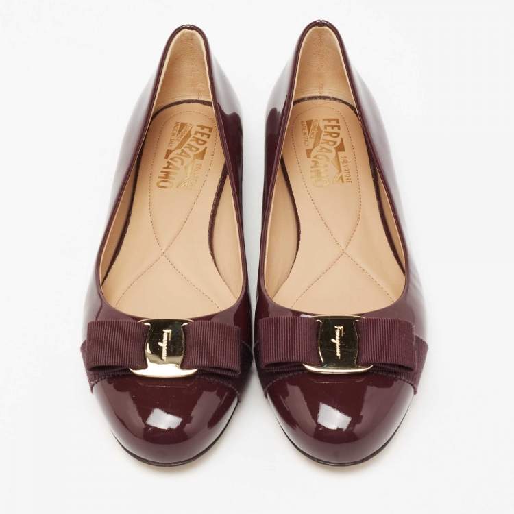 Pre Owned Salvatore Ferragamo Burgundy Patent Leather Vara Bow Ballet Flats Size 38.5