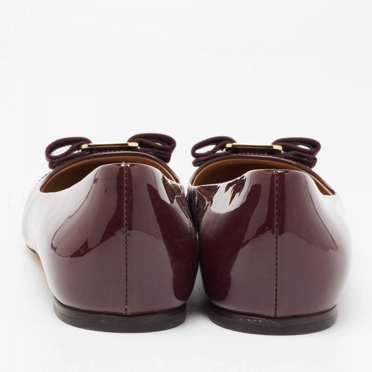Pre Owned Salvatore Ferragamo Burgundy Patent Leather Vara Bow Ballet Flats Size 38.5