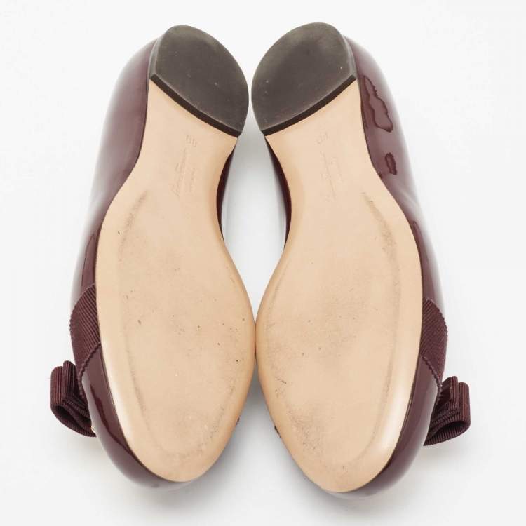 Pre Owned Salvatore Ferragamo Burgundy Patent Leather Vara Bow Ballet Flats Size 38.5