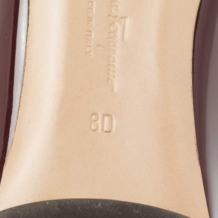Pre Owned Salvatore Ferragamo Burgundy Patent Leather Vara Bow Ballet Flats Size 38.5