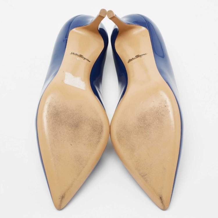 Pre Owned Salvatore Ferragamo Navy Blue Patent Leather Pointed Toe Pumps Size 36