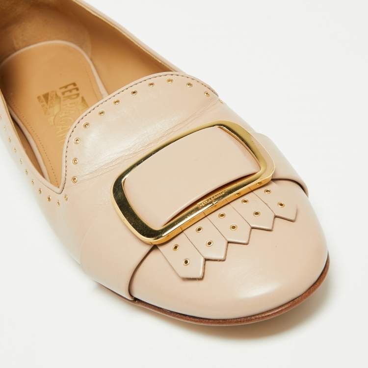 Pre Owned Salvatore Ferragamo Beige Leather Studded Fringe Detail Smoking Slippers Size 40