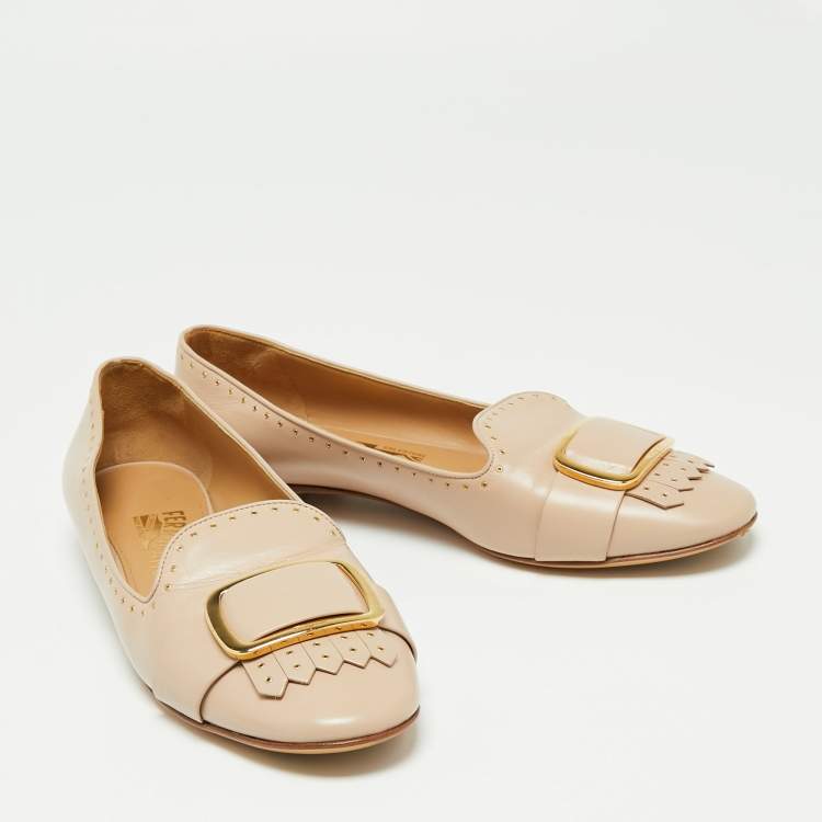Pre Owned Salvatore Ferragamo Beige Leather Studded Fringe Detail Smoking Slippers Size 40