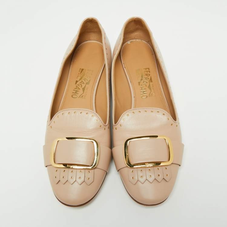 Pre Owned Salvatore Ferragamo Beige Leather Studded Fringe Detail Smoking Slippers Size 40