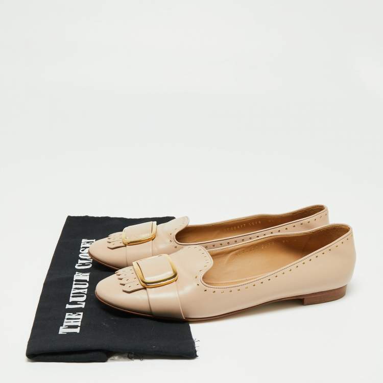 Pre Owned Salvatore Ferragamo Beige Leather Studded Fringe Detail Smoking Slippers Size 40