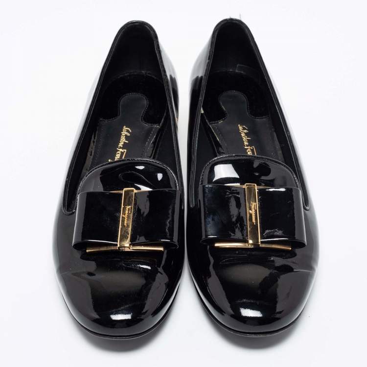 Pre Owned Salvatore Ferragamo Black Patent Leather Bow Sarno Flower Heel Loafers Size 37