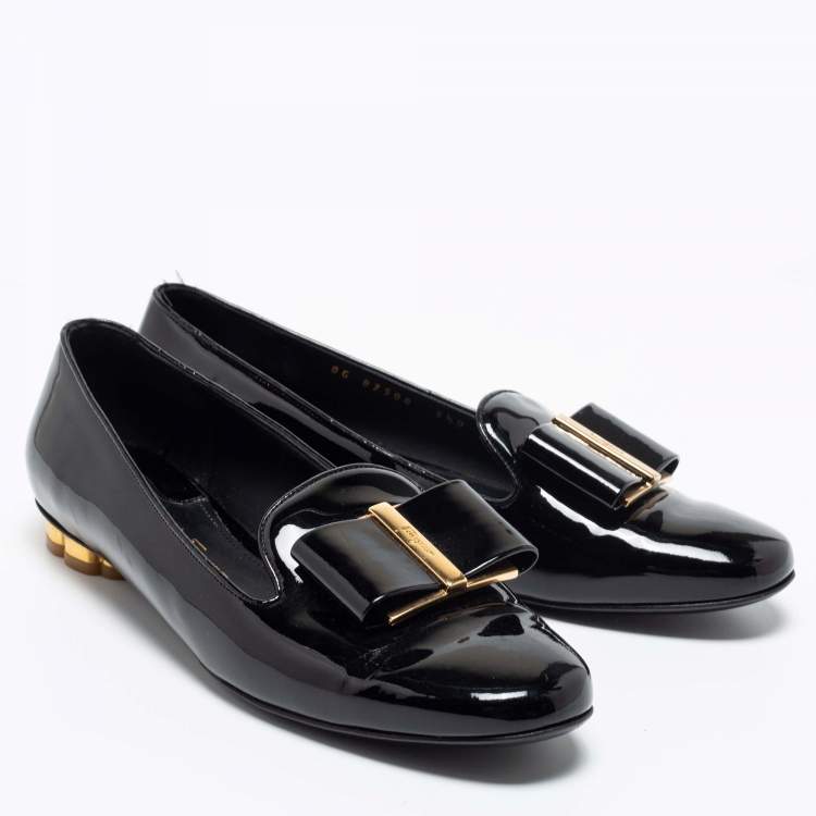 Pre Owned Salvatore Ferragamo Black Patent Leather Bow Sarno Flower Heel Loafers Size 37