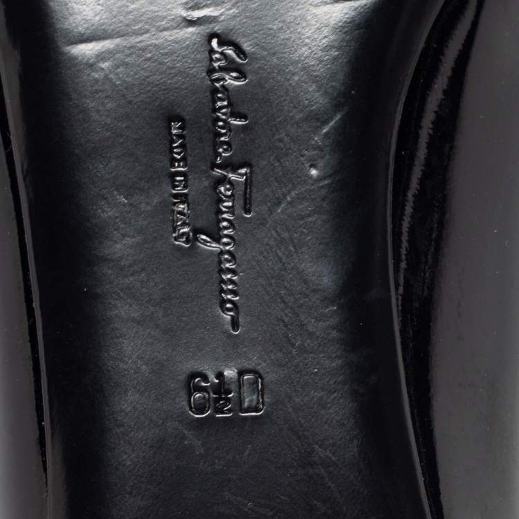 Pre Owned Salvatore Ferragamo Black Patent Leather Bow Sarno Flower Heel Loafers Size 37