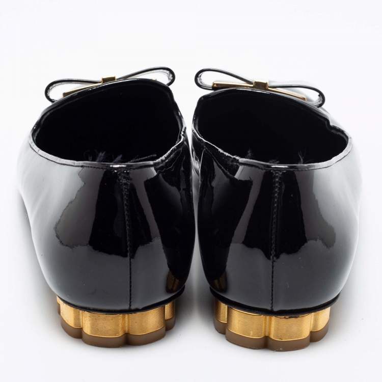 Pre Owned Salvatore Ferragamo Black Patent Leather Bow Sarno Flower Heel Loafers Size 37