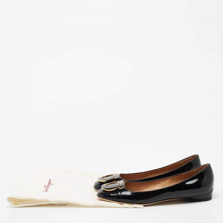 Pre Owned Salvatore Ferragamo Black Patent Leather Rebi Gancio Ballet Flats Size 36.5