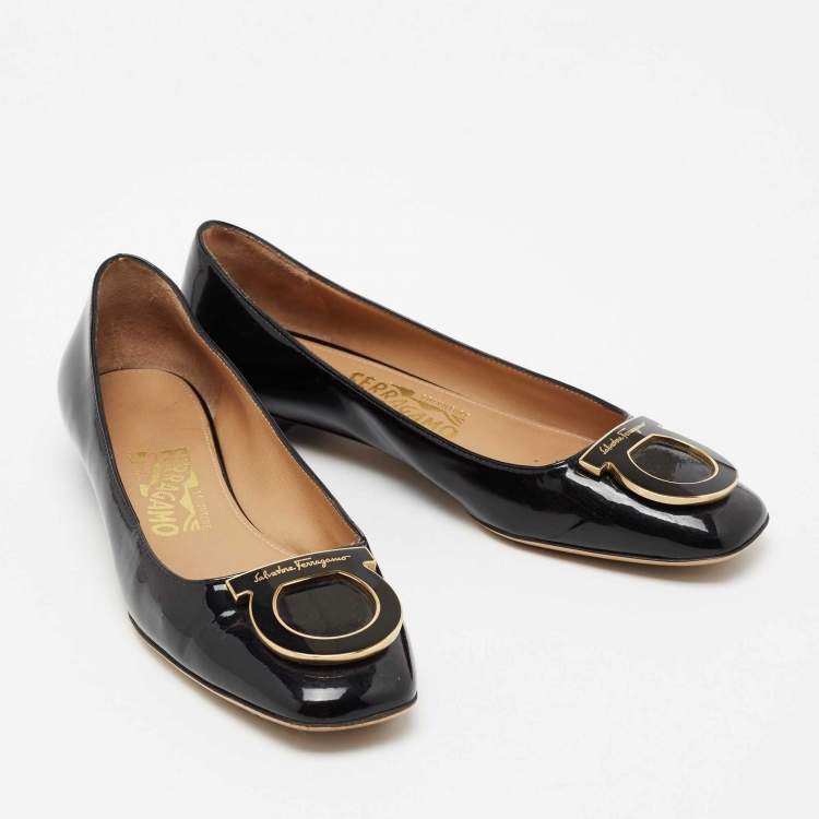 Pre Owned Salvatore Ferragamo Black Patent Leather Rebi Gancio Ballet Flats Size 36.5