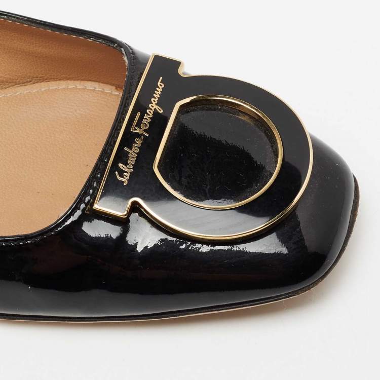 Pre Owned Salvatore Ferragamo Black Patent Leather Rebi Gancio Ballet Flats Size 36.5