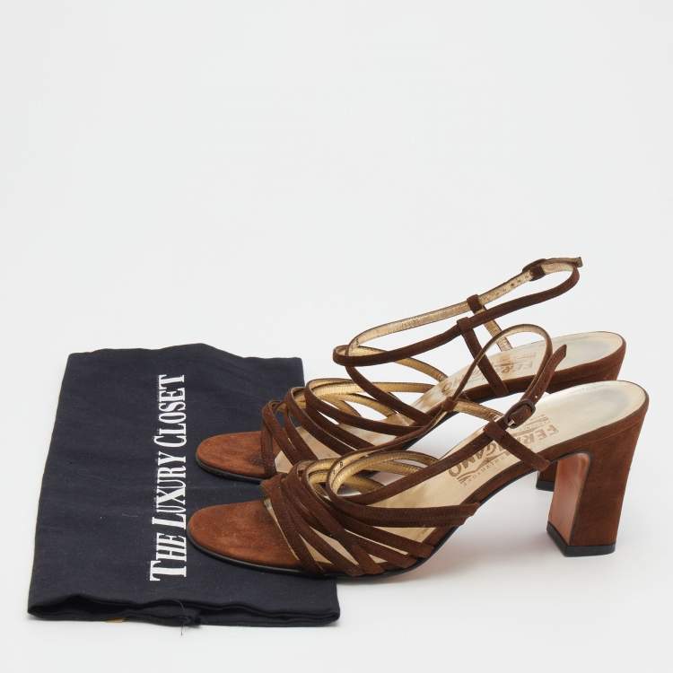 Pre Owned Salvatore Ferragamo Vintage Brown Suede Strappy Sandals Size 39.5