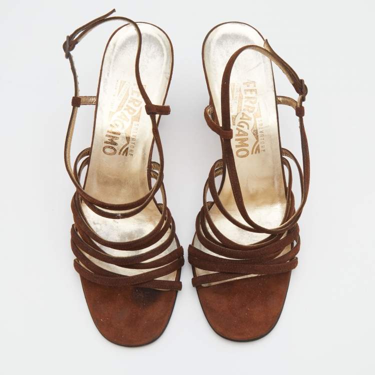Pre Owned Salvatore Ferragamo Vintage Brown Suede Strappy Sandals Size 39.5