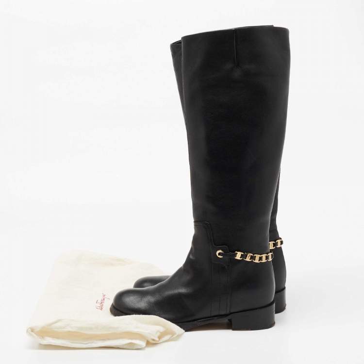 Pre Owned Salvatore Ferragamo Black Leather Knee Length Boots Size 37.5