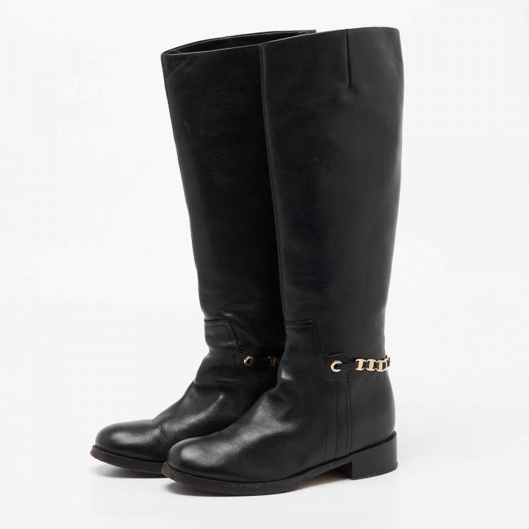 Pre Owned Salvatore Ferragamo Black Leather Knee Length Boots Size 37.5