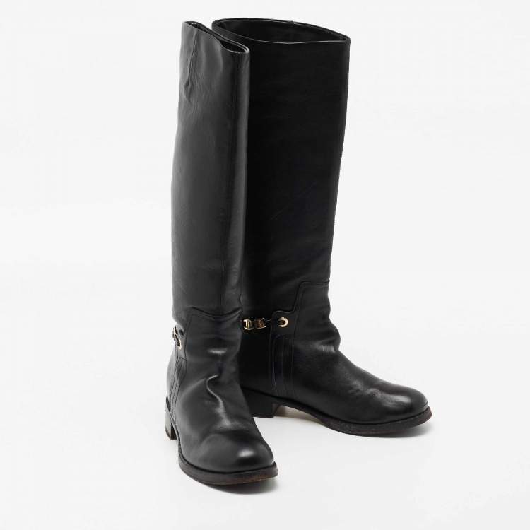Pre Owned Salvatore Ferragamo Black Leather Knee Length Boots Size 37.5