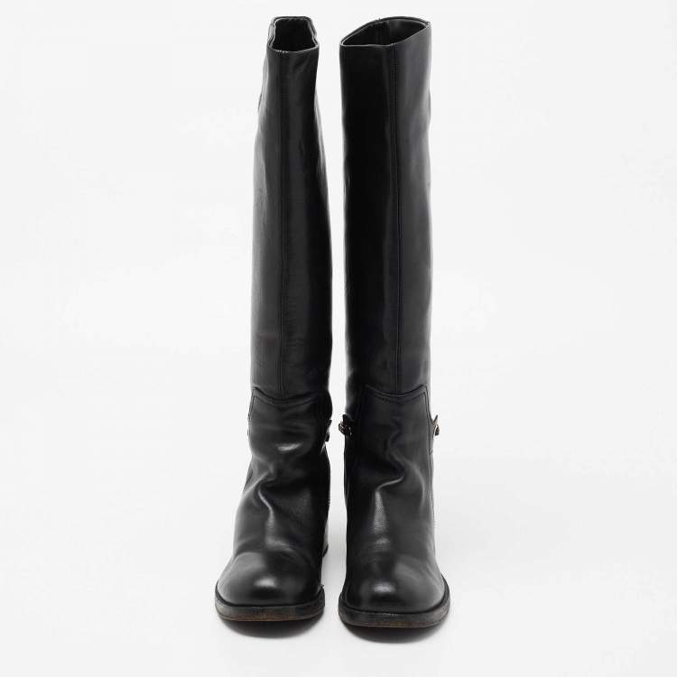 Pre Owned Salvatore Ferragamo Black Leather Knee Length Boots Size 37.5