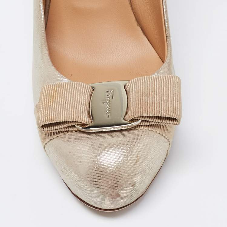 Pre Owned Salvatore Ferragamo Metallic Beige Leather Carla Vara Bow Platform Pumps Size 38